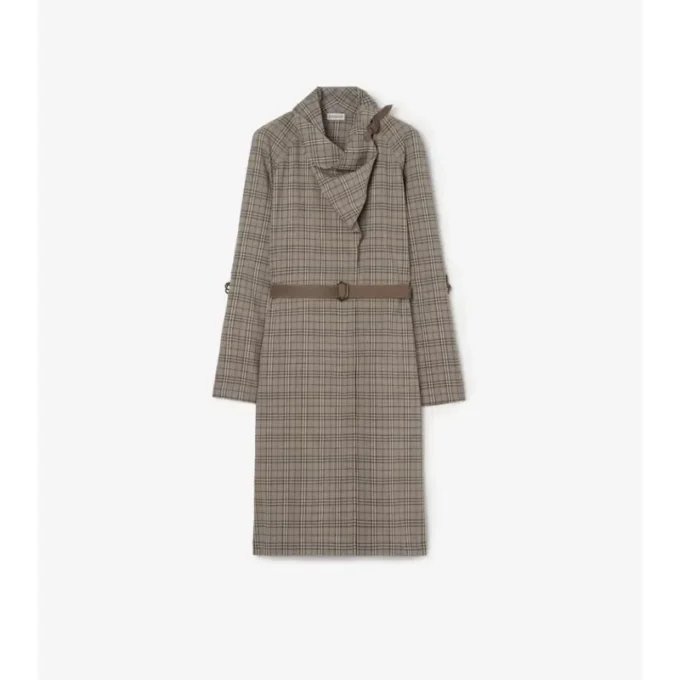 Scarf Collar Check Wool Dress
