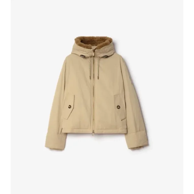 Shearling Trim Gabardine Hooded Jacket