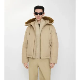 Shearling Trim Gabardine Hooded Jacket
