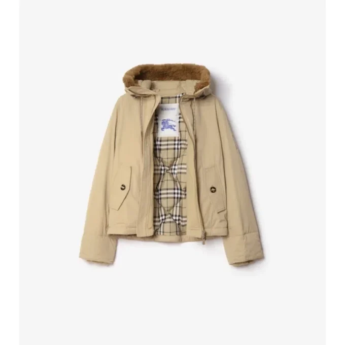 Shearling Trim Gabardine Hooded Jacket