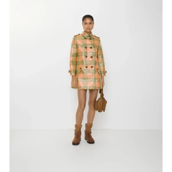 Short Check Coated Raffia-Effect Summerside Trench Coat