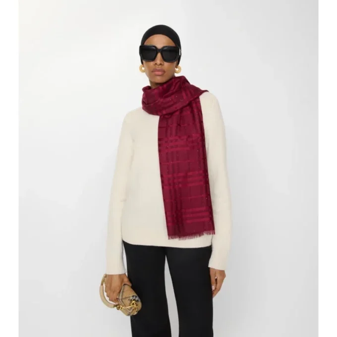 Wide Check Silk Wool Cashmere Scarf