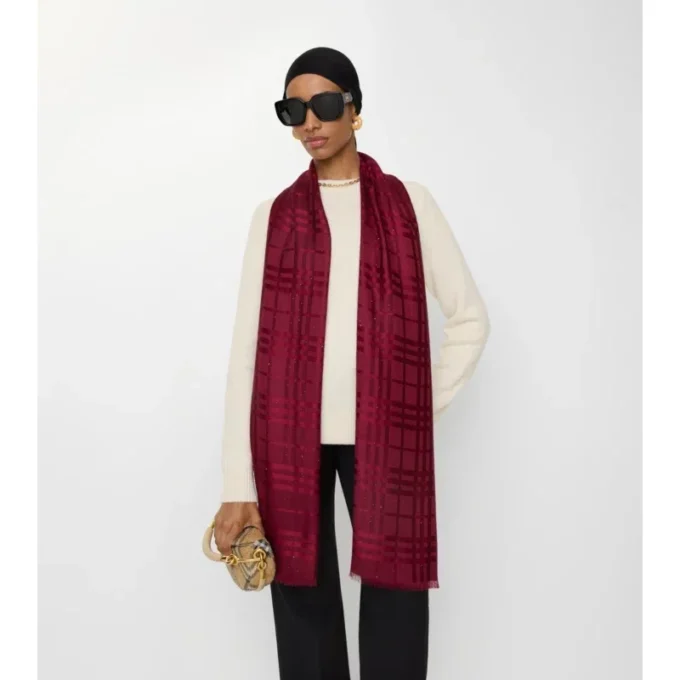 Wide Check Silk Wool Cashmere Scarf