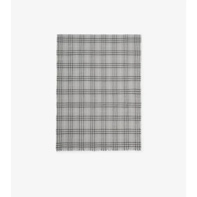 Wide Check Wool Silk Blend Scarf