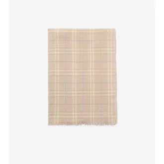 Wide Check Wool Silk Blend Scarf