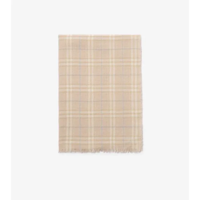 Wide Check Wool Silk Blend Scarf
