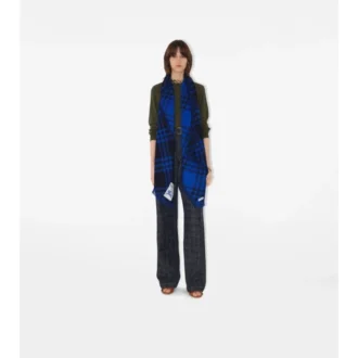 Wide Check Wool Silk Scarf