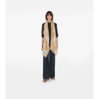 Wide Check Wool Silk Scarf
