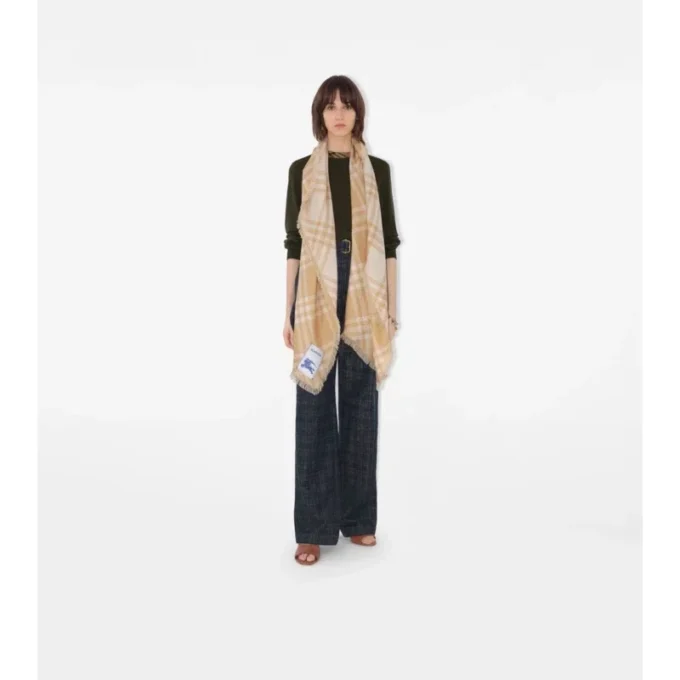Wide Check Wool Silk Scarf