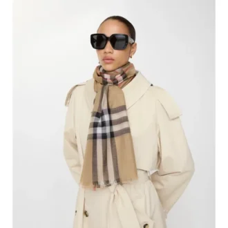 Wide Check Wool Silk Scarf