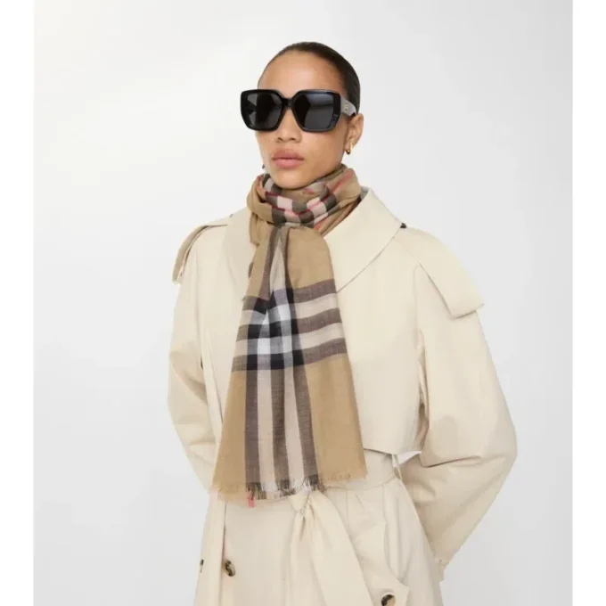 Wide Check Wool Silk Scarf