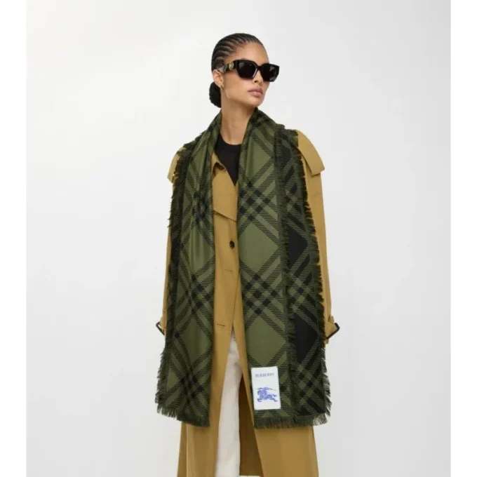 Wide Check Wool Silk Scarf