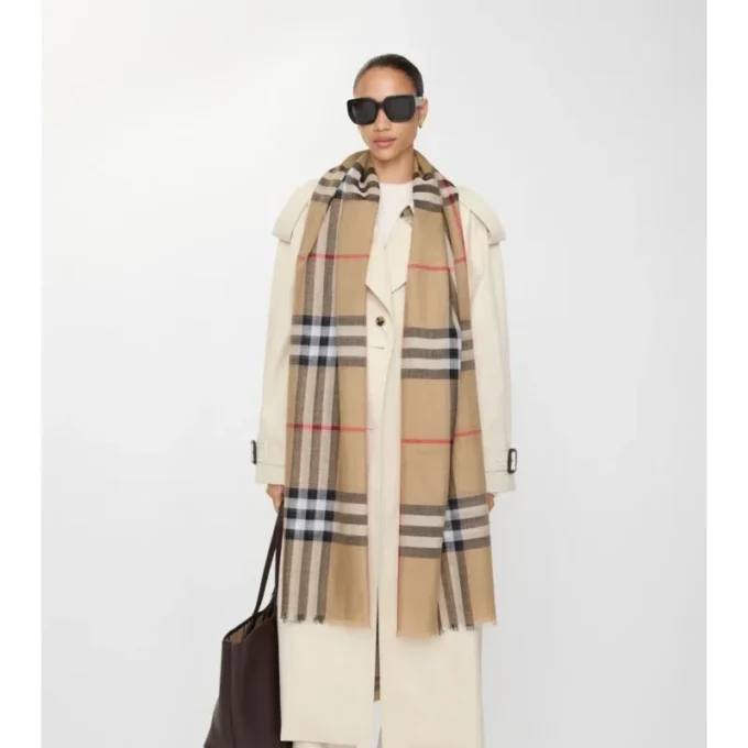 Wide Check Wool Silk Scarf
