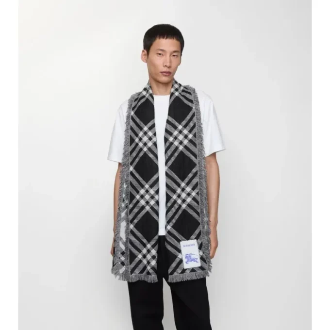 Wide Check Wool Silk Scarf