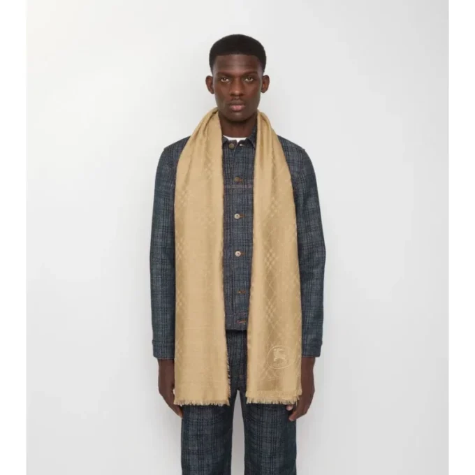Wide Check Wool Silk Scarf