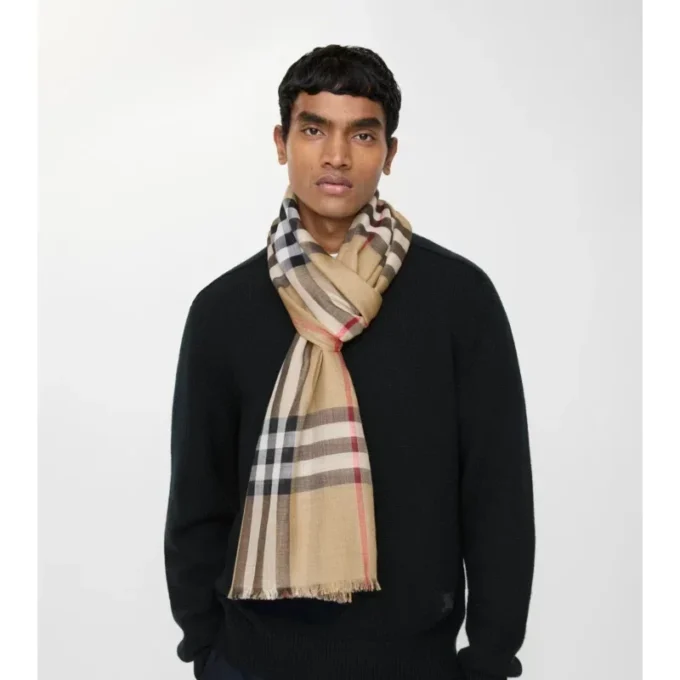 Wide Check Wool Silk Scarf