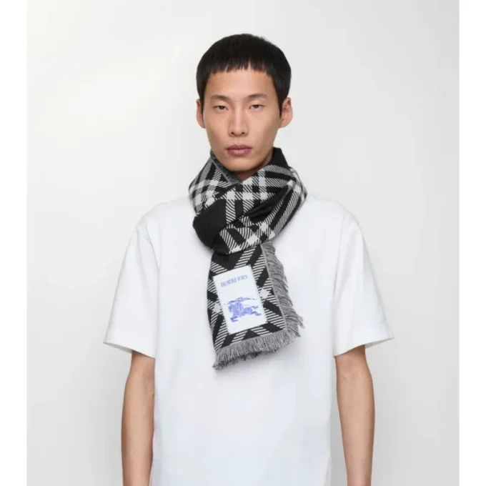Wide Check Wool Silk Scarf