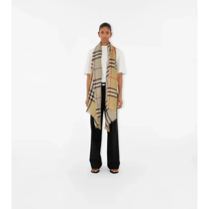 Wide Reversible Check Wool Silk Scarf