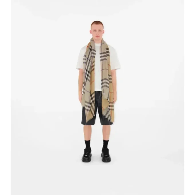 Wide Reversible Check Wool Silk Scarf